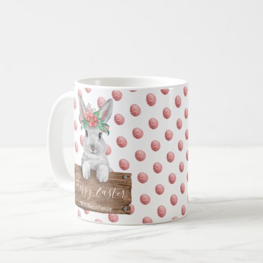 ハッピーイースターの水色かわいいバニーと赤い卵 コーヒーマグカップ (正面左)