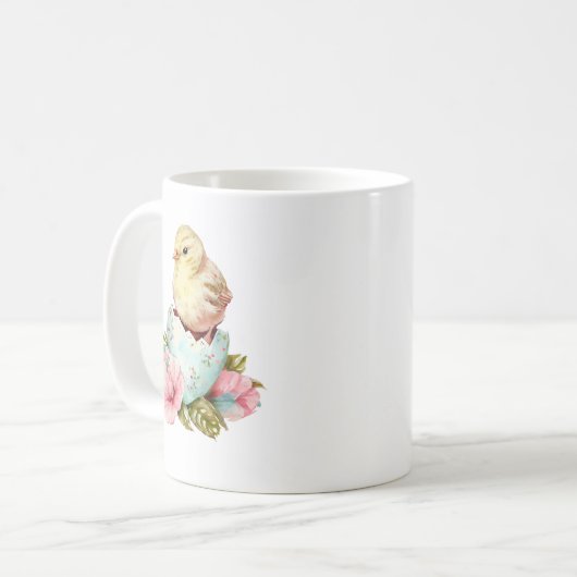 ハッピーイースターの水色のシックと卵のイースターマグ コーヒーマグカップ (正面左)