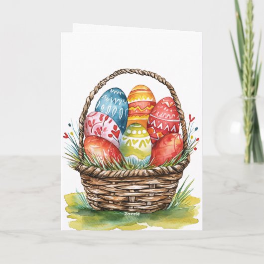 ハッピーイースターの水色色彩の鮮やか卵バスケット家族 カード (裏面)