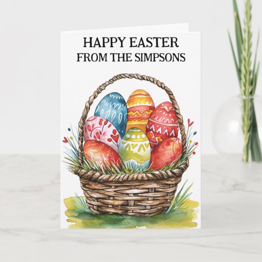 ハッピーイースターの水色色彩の鮮やか卵バスケット家族 カード (正面)