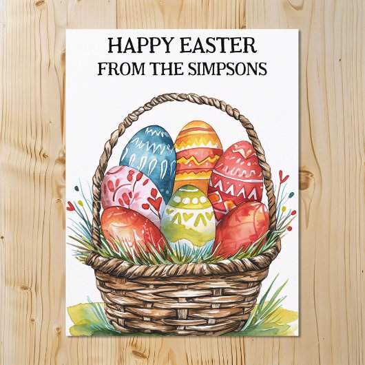 ハッピーイースターの水色色彩の鮮やか卵バスケット家族 ポストカード
