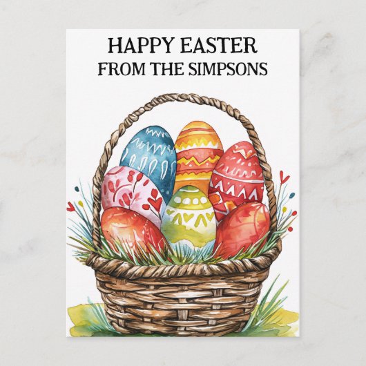 ハッピーイースターの水色色彩の鮮やか卵バスケット家族 ポストカード (正面)