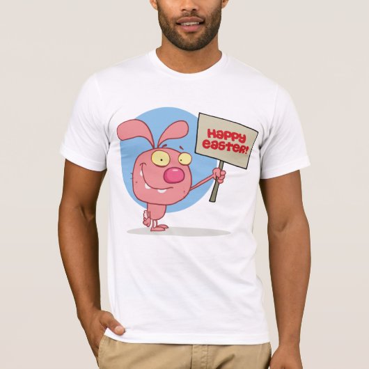 ハッピーイースターの看板を掲げているウサギ Tシャツ (正面)