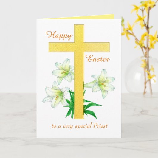 ハッピーイースターの祭司十字白ゆり花 カード (黄色い花)