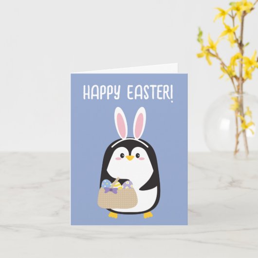 ハッピーイースターの耳の可愛いペンギン カード (黄色い花)