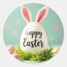 ハッピーイースターの耳を卵に貼ったステッカー
