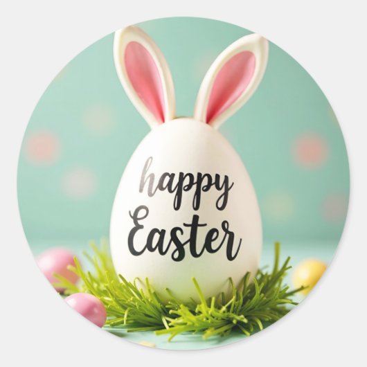 ハッピーイースターの耳を卵に貼ったステッカー ラウンドシール (正面)