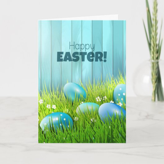 ハッピーイースターの青と白の卵の挨拶 カード (正面)