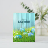 ハッピーイースターの青と白の卵の挨拶 ポストカード (スタンド正面)