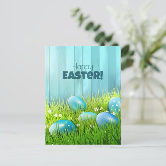 ハッピーイースターの青と白の卵の挨拶 ポストカード (スタンド正面)