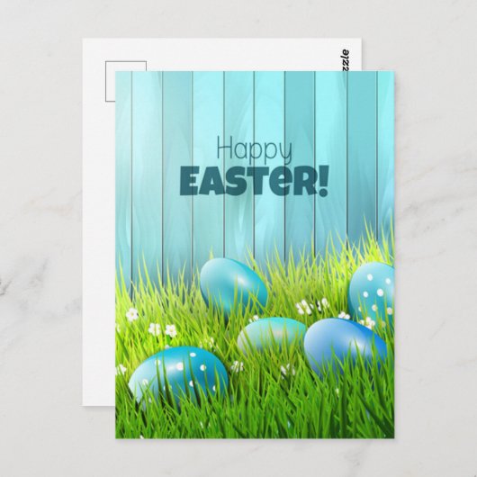 ハッピーイースターの青と白の卵の挨拶 ポストカード (正面/裏面)