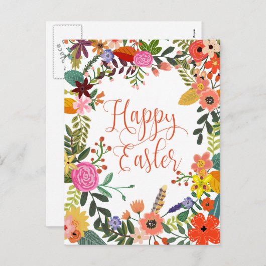 ハッピーイースターはがき明るい花模様 シーズンポストカード (正面/裏面)