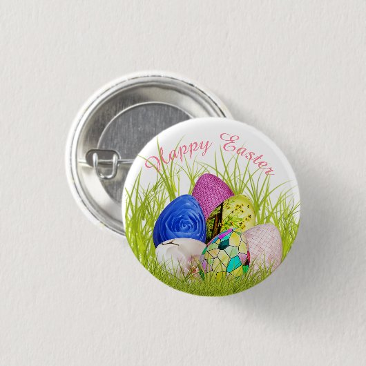 ハッピーイースターは花の写真に卵を投げつけます 缶バッジ (正面&裏面)