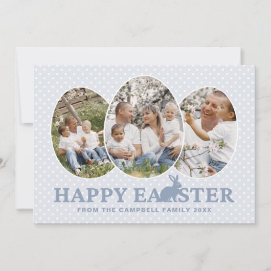 ハッピーイースターほこりっぽい青いカスタムうさぎフォトエッグ シーズンカード (正面)