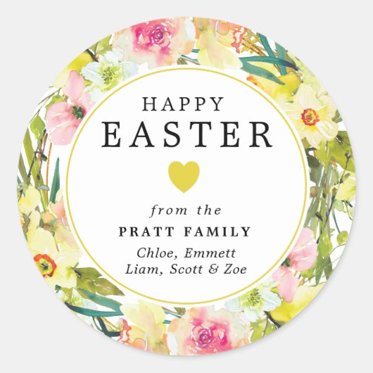 ハッピーイースターイエローダフォディルハートエンベロープシール ラウンドシール (正面)
