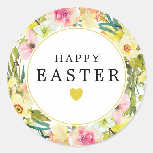 ハッピーイースターイエローダフォディルハート ラウンドシール (正面)