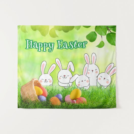 ハッピーイースターイースターバニーイースターエッグイースターバスケット タペストリー (正面(横))