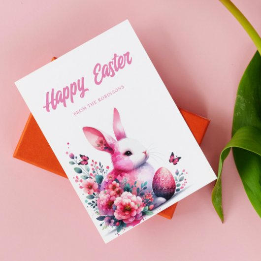 ハッピーイースターウォーターカラーバニーピンク シーズンカード