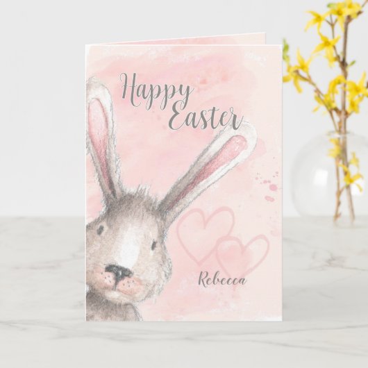 ハッピーイースターウォーターカラーバニー名前をカスタムする カード (黄色い花)