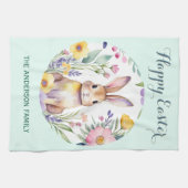 ハッピーイースターウォーターカラーバニー名前をカスタムする キッチンタオル (横)