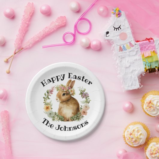 ハッピーイースターウォーターカラーレトロイースターバニーフローラ ペーパープレート (パーティー)