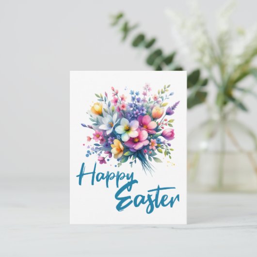 ハッピーイースターウータカラー春フラワーブーケ シーズンポストカード (スタンド正面)