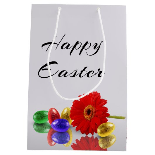 ハッピーイースターエッグカラフルとガーベラ ミディアムペーパーバッグ (裏面)