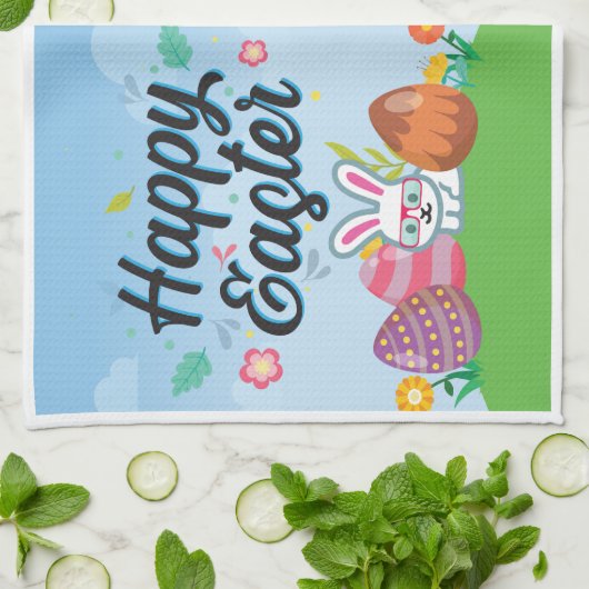 ハッピーイースターエッグズバニー&フラワーズ キッチンタオル (折り畳み)