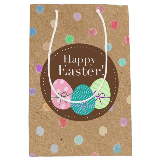 ハッピーイースターエッグ水玉模様オンクラフフェイクト紙 ミディアムペーパーバッグ (正面)