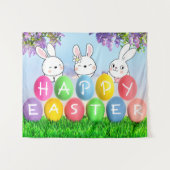 ハッピーイースターエッグ狩りイースターバニーイースターパーティー タペストリー (正面(横))