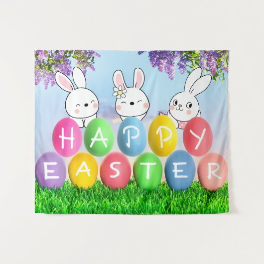 ハッピーイースターエッグ狩りイースターバニーイースターパーティー タペストリー (正面(横))