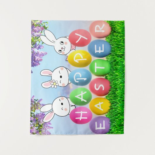 ハッピーイースターエッグ狩りイースターバニーイースターパーティー タペストリー (正面)