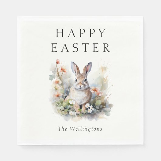 ハッピーイースターエレガントウォーターカラーバニー名前をカスタムする スタンダードランチョンナプキン (正面)