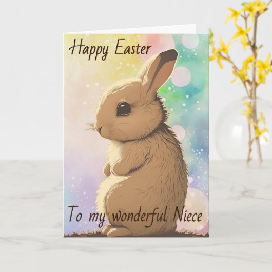 'ハッピーイースター'カスタム文字、レインボーイースターバニー カード (黄色い花)