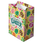 ハッピーイースターカラフルイースターエッグスパターン黄 ミディアムペーパーバッグ (裏面アングル)
