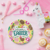 ハッピーイースターカラフルイースターエッグパターンイエロー ペーパープレート (パーティー)