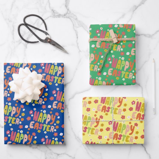 ハッピーイースターカラフルデイジーモダンバブルレター ラッピングペーパーシート (正面)