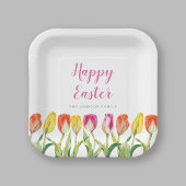 ハッピーイースターカラフルフローラ水彩チューリップ ペーパープレート