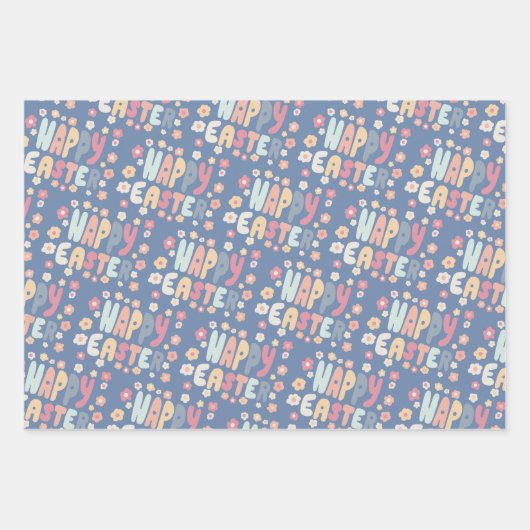 ハッピーイースターカラフルモダンストライプデイジーかわいい ラッピングペーパーシート (正面2)