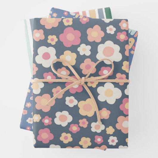 ハッピーイースターカラフルモダンストライプデイジーかわいい ラッピングペーパーシート (インサイチュ)