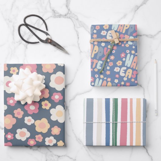 ハッピーイースターカラフルモダンストライプデイジーかわいい ラッピングペーパーシート (正面)