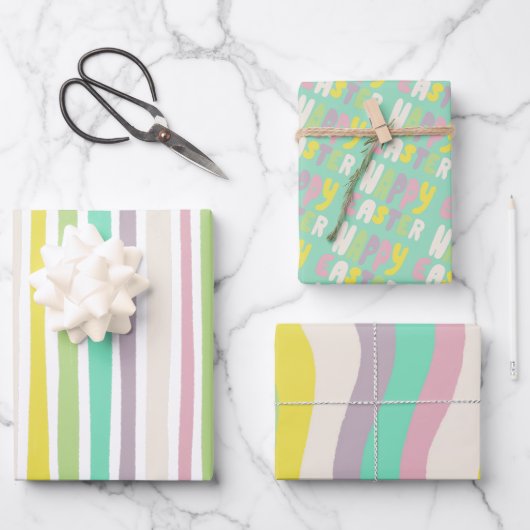 ハッピーイースターカラフルモダンストライプパステル ラッピングペーパーシート (正面)