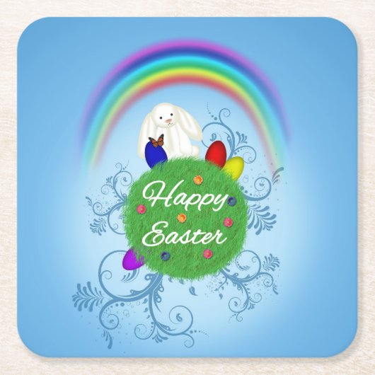 ハッピーイースターカラフル惑星 スクエアペーパーコースター (正面)