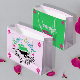 ハッピーイースターカラー赤面ピンクブラックグリーンバンニー ラージペーパーバッグ