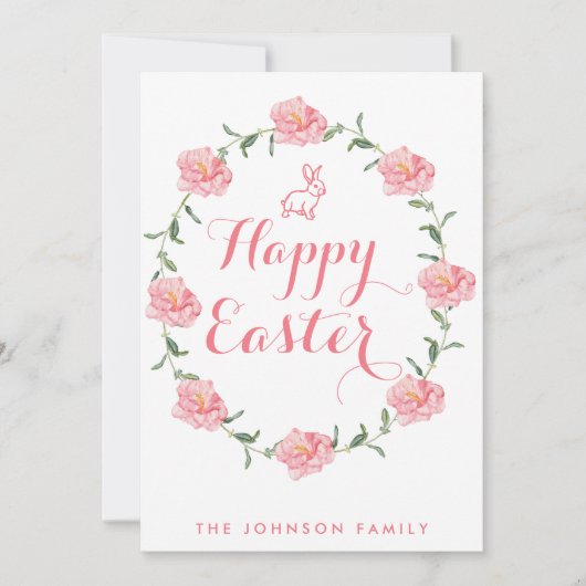 ハッピーイースターカードピンクバニーとリース シーズンカード (正面)
