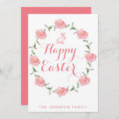ハッピーイースターカードピンクバニーとリース シーズンカード (正面/裏面)