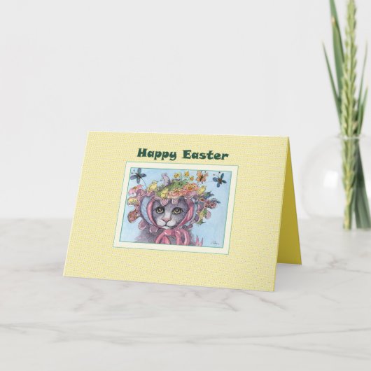 ハッピーイースターカード、復活祭のボンネットの猫 シーズンカード (正面)