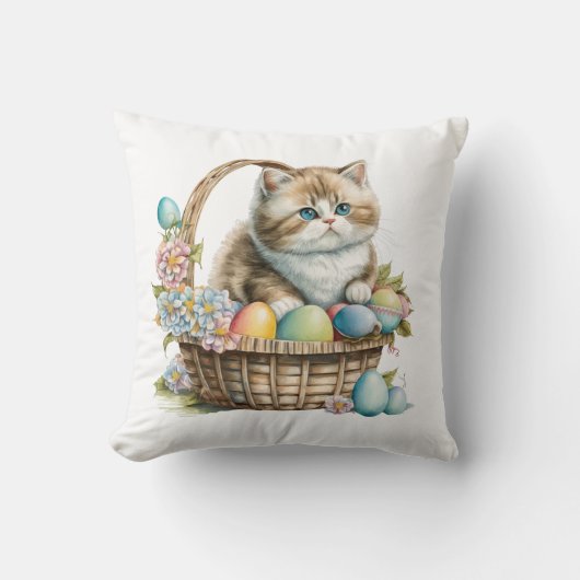 ハッピーイースターキャットバスケットとイースターエッグ&フラワー クッション (正面)