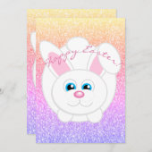 ハッピーイースターキュートカートマンガバニーレインボーグリッター シーズンカード (正面/裏面)