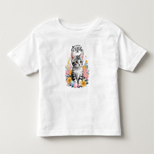 ハッピーイースターグレー虎猫と花 トドラーTシャツ (正面)